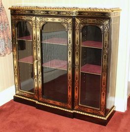 Restored boulle-work display cabinet with marble top and gilt ormolu mounts.